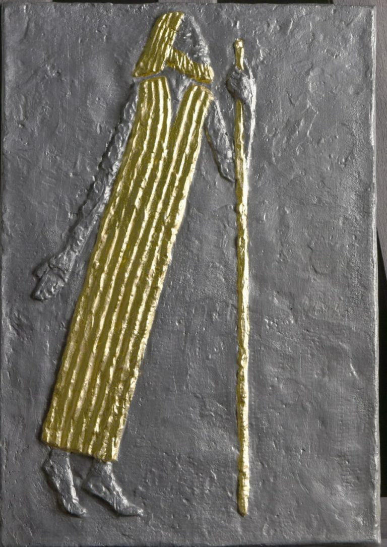 Střední cínový reliéf Jákob od Olbrama Zoubka z roku 1992 je výřezem z velkého reliéfu Jákob a Támar. Má rozměr 30 x 21 cm a díky menšímu formátu je postava Jákoba mnohem výraznější a její poselství naléhavější. Vše je navíc podtrženo výrazným zlacením šatů, vlasů, vousů i hole Jákoba.