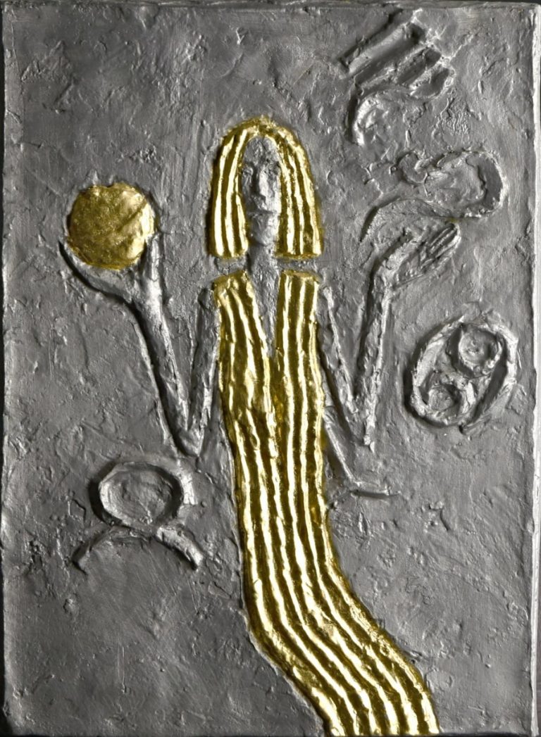 Velmi atraktivní střední cínový reliéf Astrologie z roku 1997 patří k nádherným dílům Olbrama Zoubka s hvězdnou tématikou.