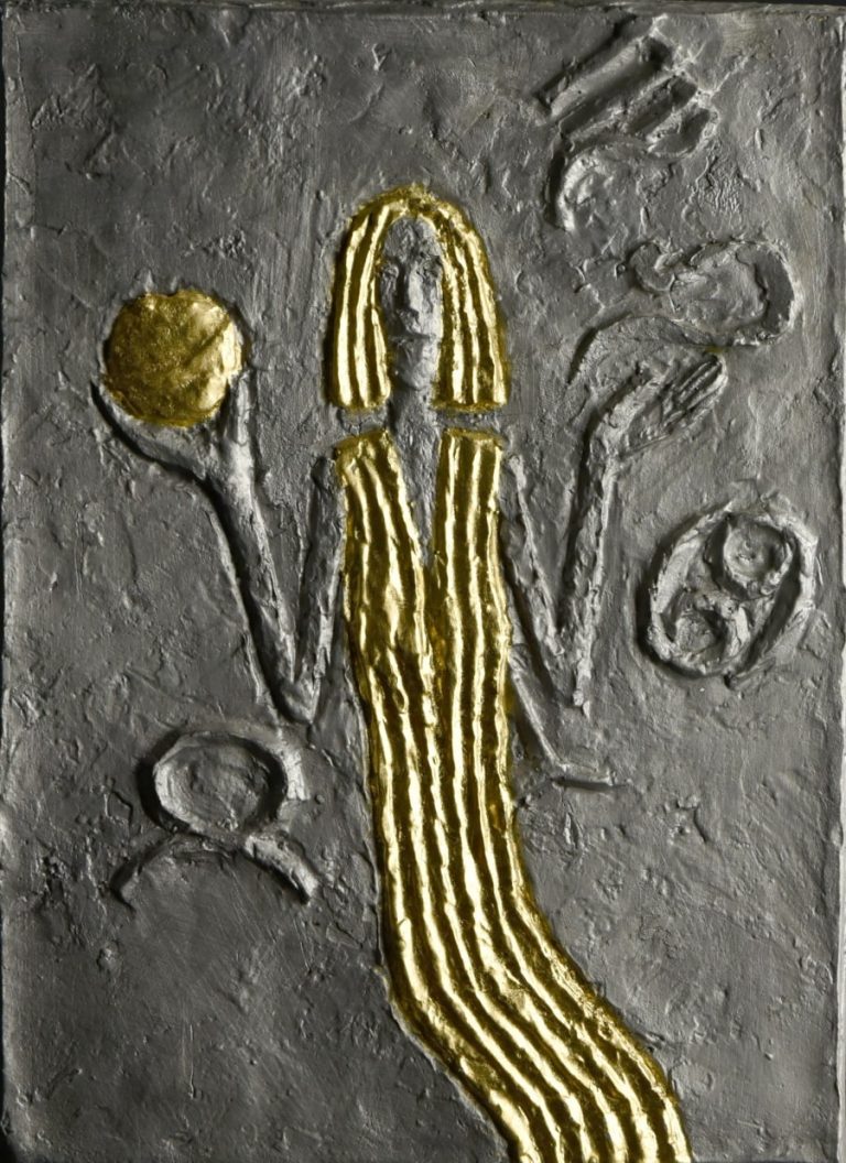 Velmi atraktivní střední cínový reliéf Astrologie z roku 1997 patří k nádherným dílům Olbrama Zoubka s hvězdnou tématikou.