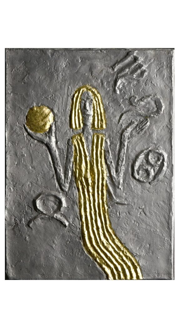 Velmi atraktivní střední cínový reliéf Astrologie z roku 1997 patří k nádherným dílům Olbrama Zoubka s hvězdnou tématikou.