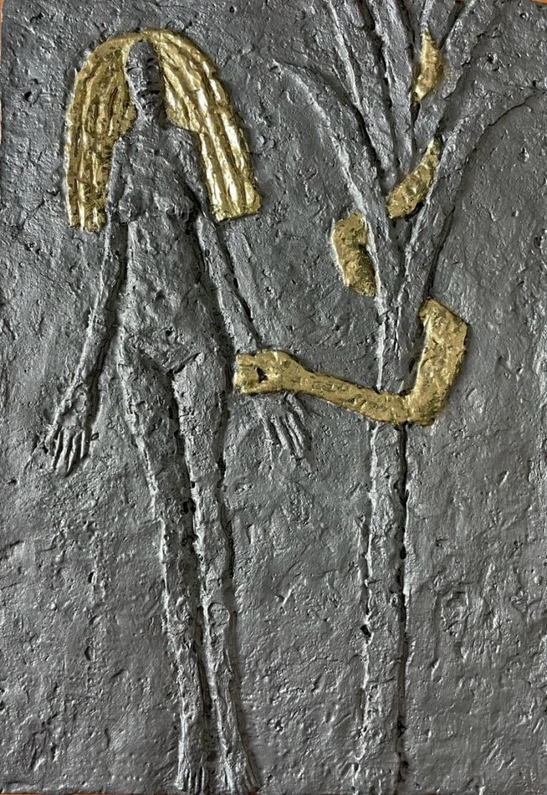 Cínový reliéf Eva s hadem v ráji je v perfektním stavu a na stěně vypadá opravdu skvěle. Jeho velikost je 30 x 21,5 cm. Olbram Zoubek cínový reliéf signoval svým škrábanou signaturou na rubové straně.