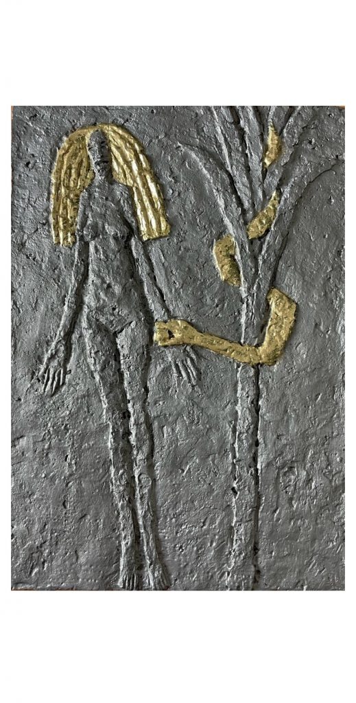 Cínový reliéf Eva s hadem v ráji je v perfektním stavu a na stěně vypadá opravdu skvěle. Jeho velikost je 30 x 21,5 cm. Olbram Zoubek cínový reliéf signoval svým škrábanou signaturou na rubové straně.