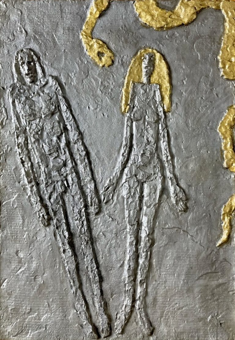 Střední cínový reliéf Adam, Eva, had  z dílny Olbrama Zoubka zachycuje oblíbený biblický motiv Olbrama Zoubka- Adama, Evu a hada, který Evě nabízí jablko poznání. Je to klasický tzv. střední formát cínového reliéfu o rozměru 30 x 21 cm. Postava Adama a Evy velmi plasticky vystupují z podkladu, vlasy Evy stejně jako celý had jsou velmi silně značeny Cínový reliéf Adam, Eva, had  z roku 1992 je signován značkou O. Zoubek vyraženou na rubové straně reliéfu.